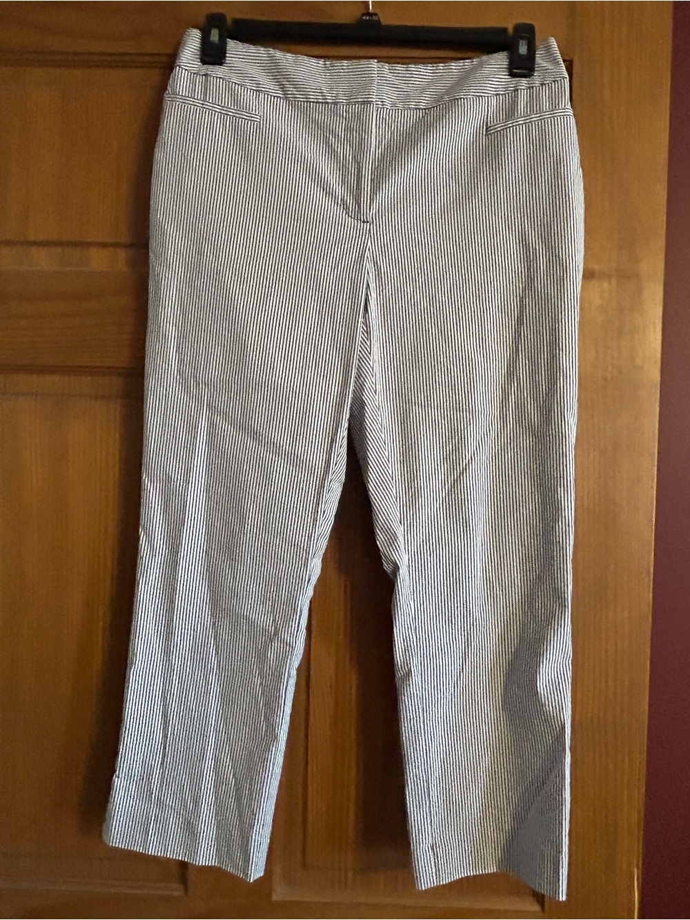 Women’s Navy and White Seersucker/ Striped Cropped-to-Ankle Dress Pants